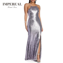 Spaghetti Strap Mermaid Formal Sequin Long Silver Prom Dress